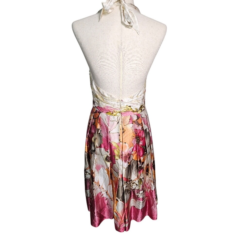 Adrianna Papell Silk Occasions Floral Halter Midi Dress Pink Orange White M - Picture 3 of 12